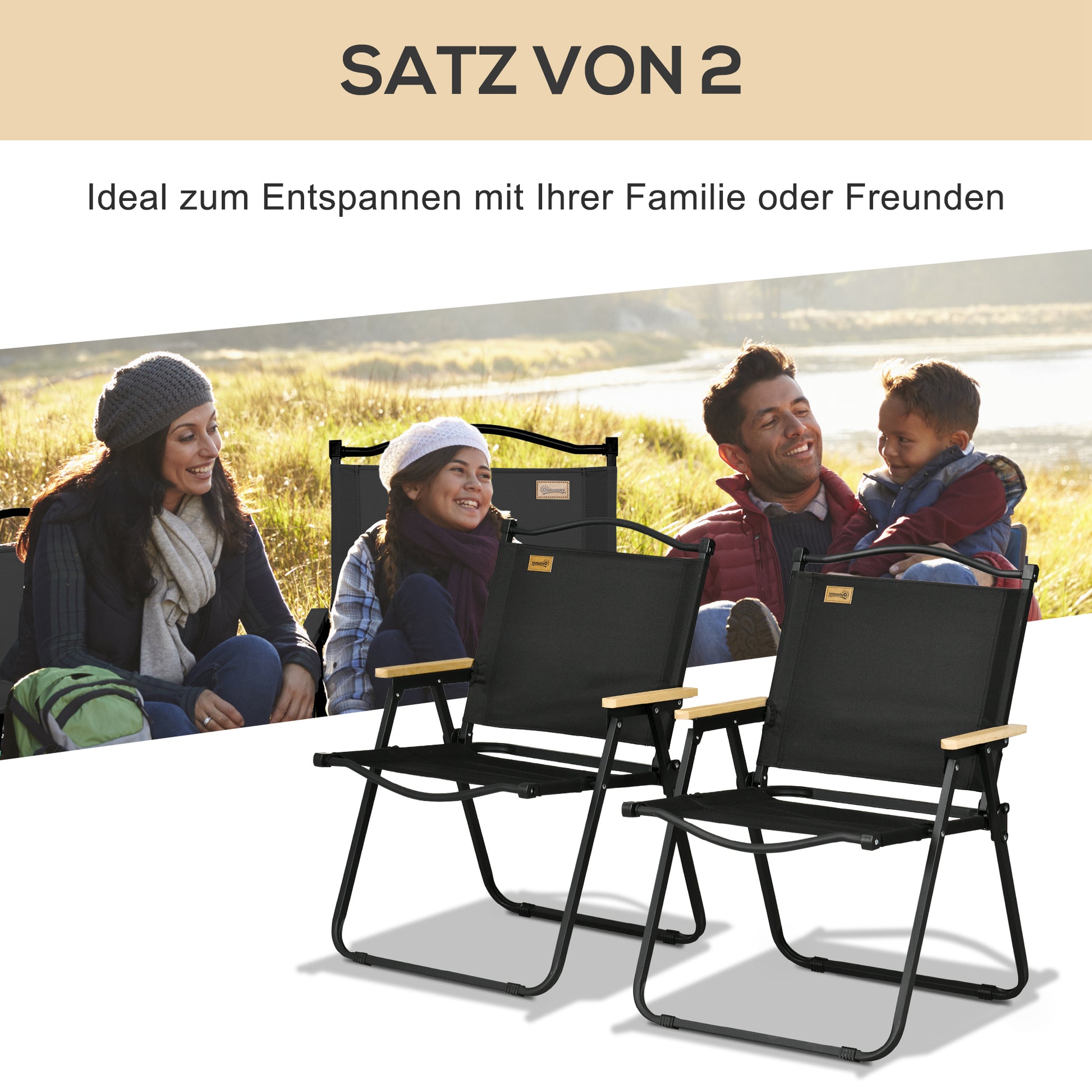 Camping Chair 2-Pack Foldable Garden Chair with Steel Frame, Wood Look, Folding Chair for Pool, Beach, Oxford, Black