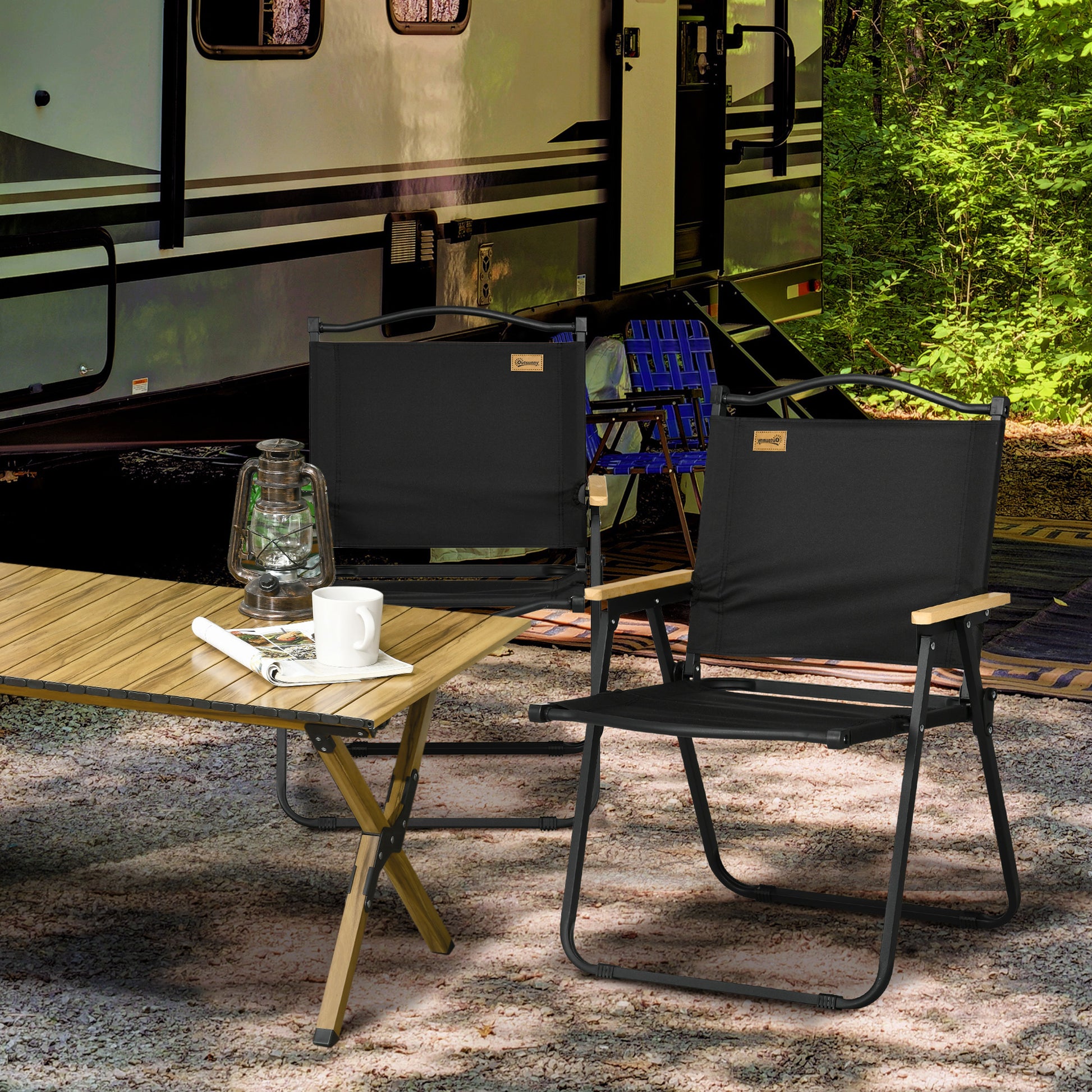 Camping Chair 2-Pack Foldable Garden Chair with Steel Frame, Wood Look, Folding Chair for Pool, Beach, Oxford, Black