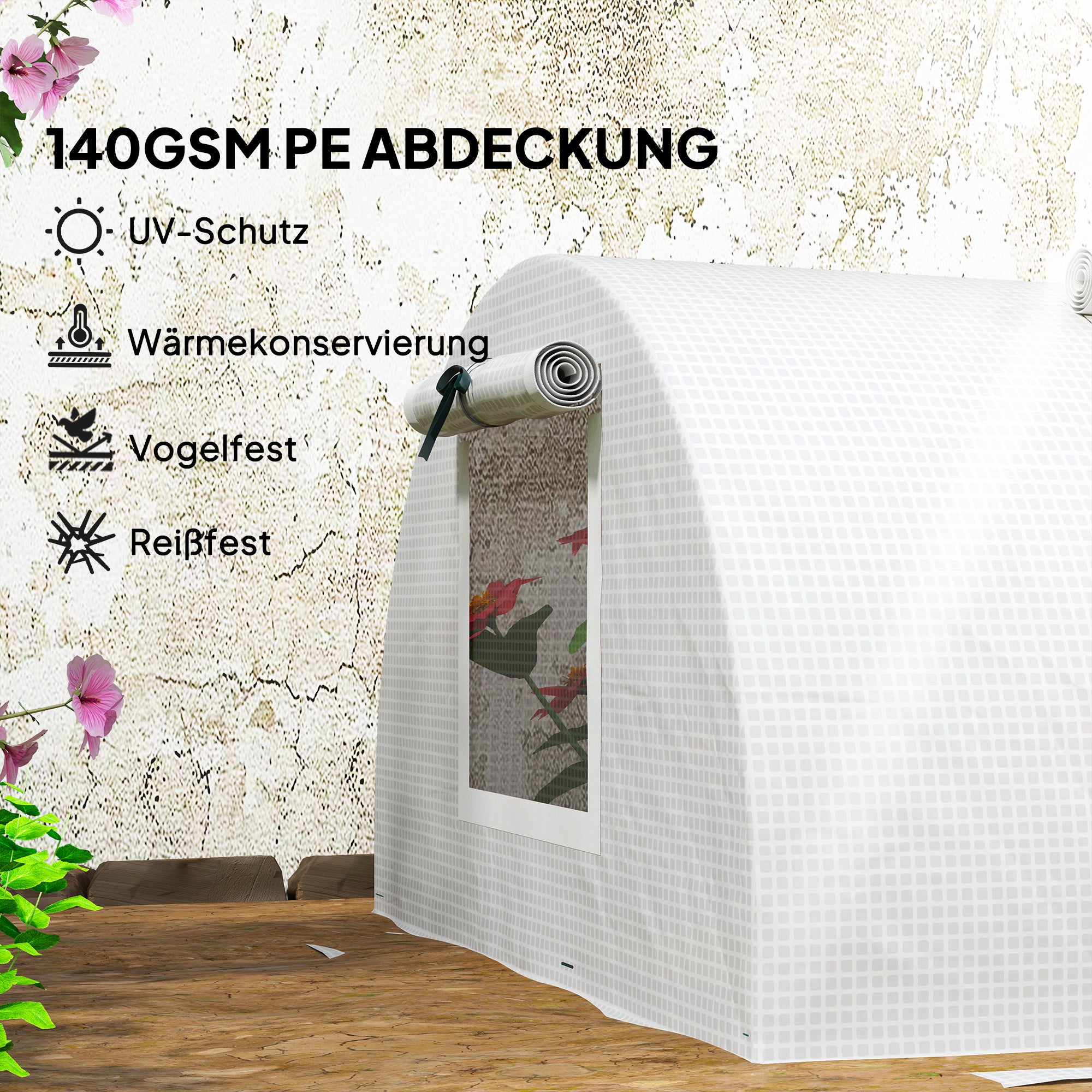 Greenhouse with Roll-Up Window Round Roof, Winterproof Steel Frame Greenhouse Water-Resistant Conservatory for Balcony Tomato House with UV Protection 200x80x45cm Tomato Greenhouse for Vegetables, White