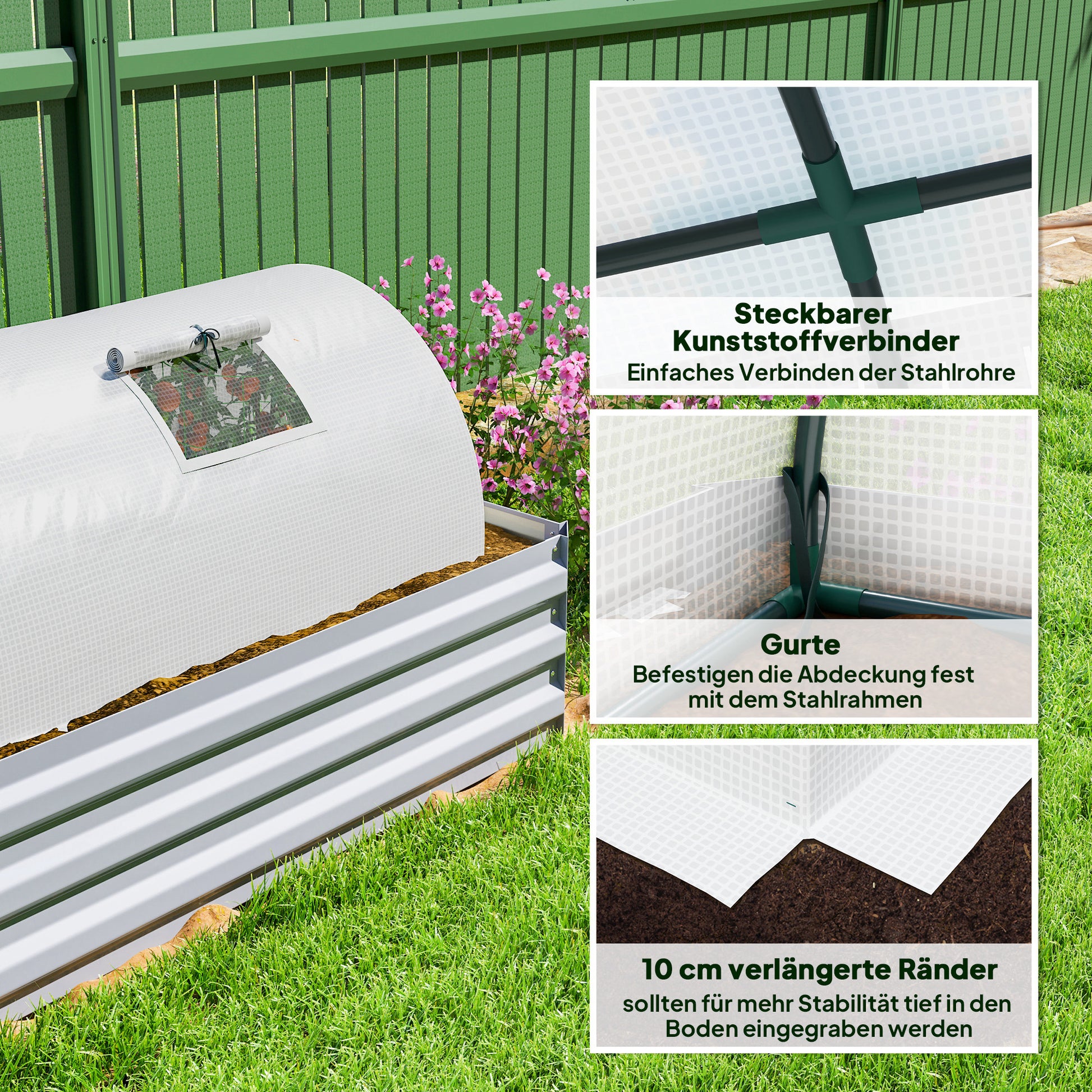 Greenhouse with Roll-Up Window Round Roof, Winterproof Steel Frame Greenhouse Water-Resistant Conservatory for Balcony Tomato House with UV Protection 200x80x45cm Tomato Greenhouse for Vegetables, White