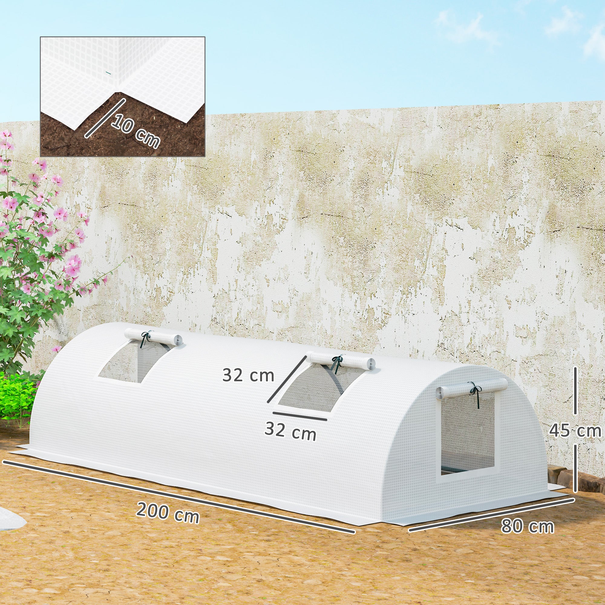 Greenhouse with Roll-Up Window Round Roof, Winterproof Steel Frame Greenhouse Water-Resistant Conservatory for Balcony Tomato House with UV Protection 200x80x45cm Tomato Greenhouse for Vegetables, White