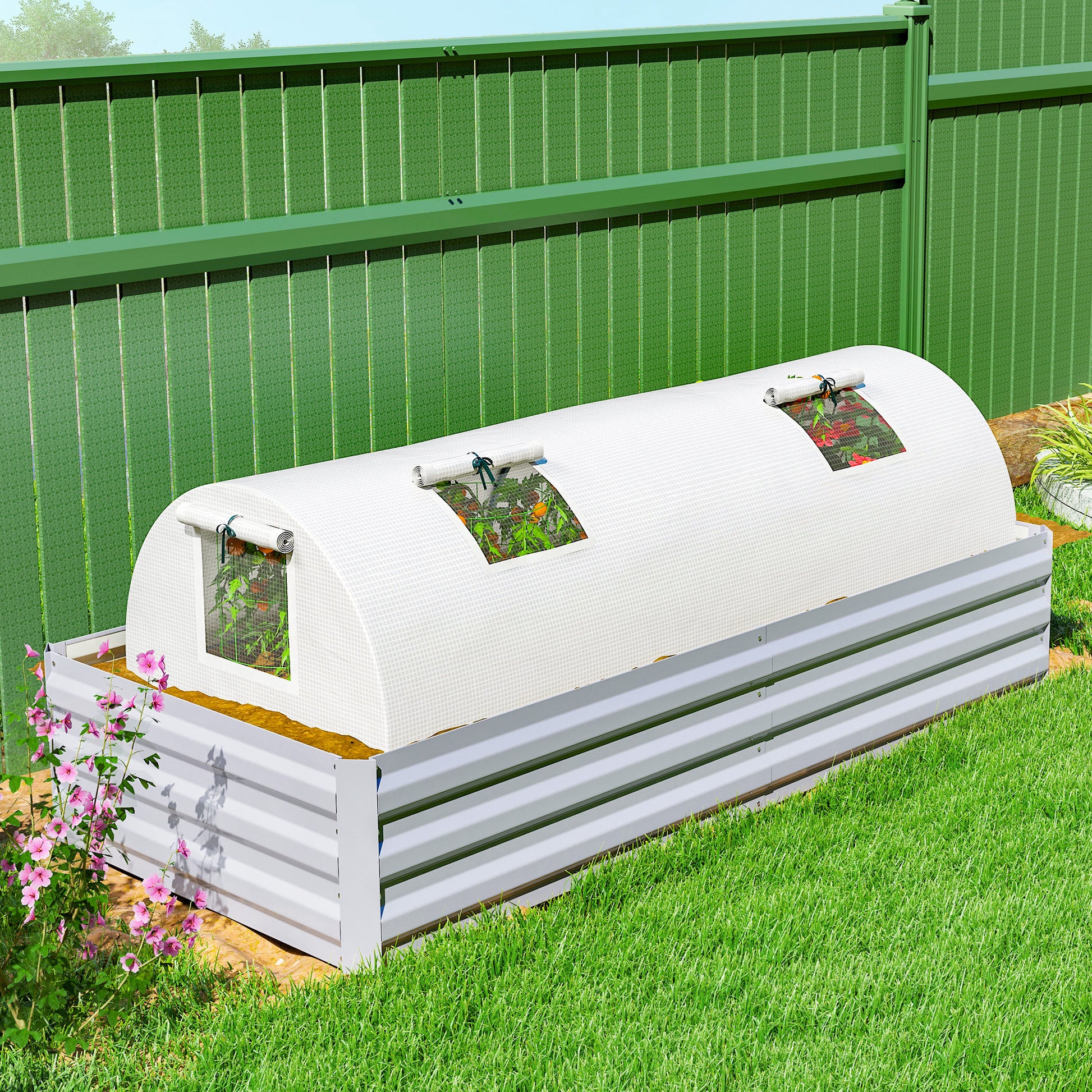 Greenhouse with Roll-Up Window Round Roof, Winterproof Steel Frame Greenhouse Water-Resistant Conservatory for Balcony Tomato House with UV Protection 200x80x45cm Tomato Greenhouse for Vegetables, White