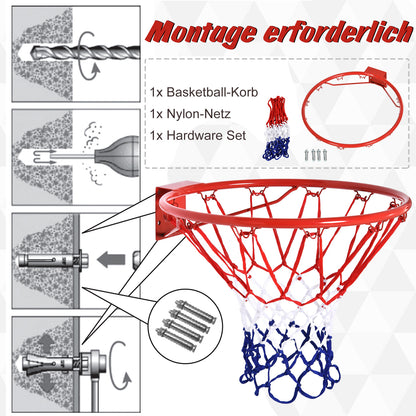 Basketball Hoop, Indoor & Outdoor with Ø46 cm Rim and Net, Wall Mount, Basketball Board for Teenagers Adults, Red + Blue + White