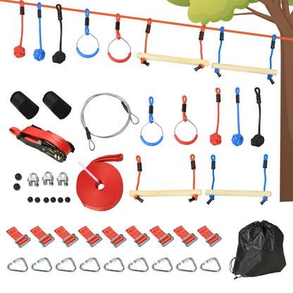 Ninja Slackline Set 30 pcs, 10m Rope with Obstacles, Climbing Frame, Outdoor Climbing Training, Playset Equipment for 3-6 Years Children, Gymnastic Rings, Ropes, Multicolor
