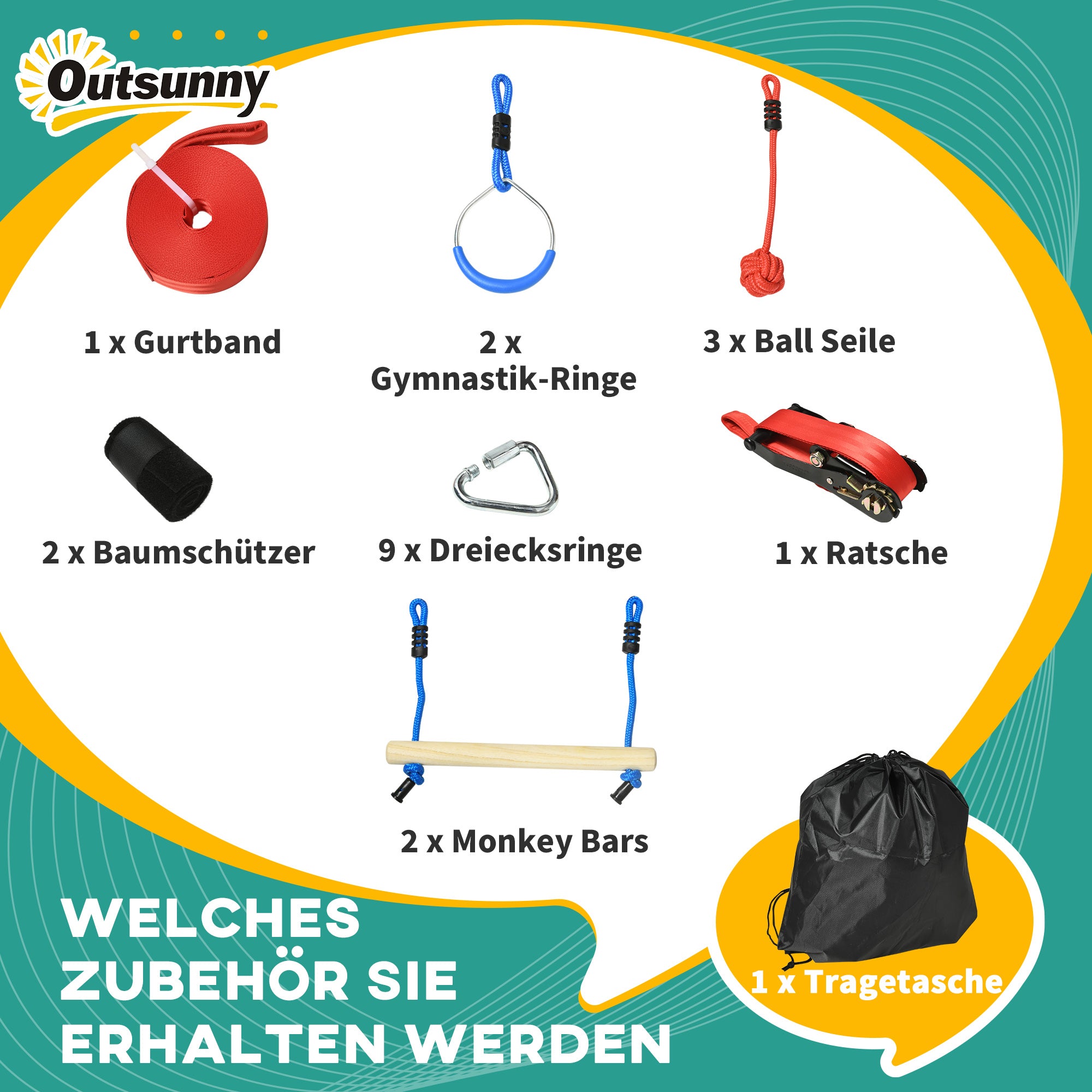 Ninja Slackline Set 30 pcs, 10m Rope with Obstacles, Climbing Frame, Outdoor Climbing Training, Playset Equipment for 3-6 Years Children, Gymnastic Rings, Ropes, Multicolor