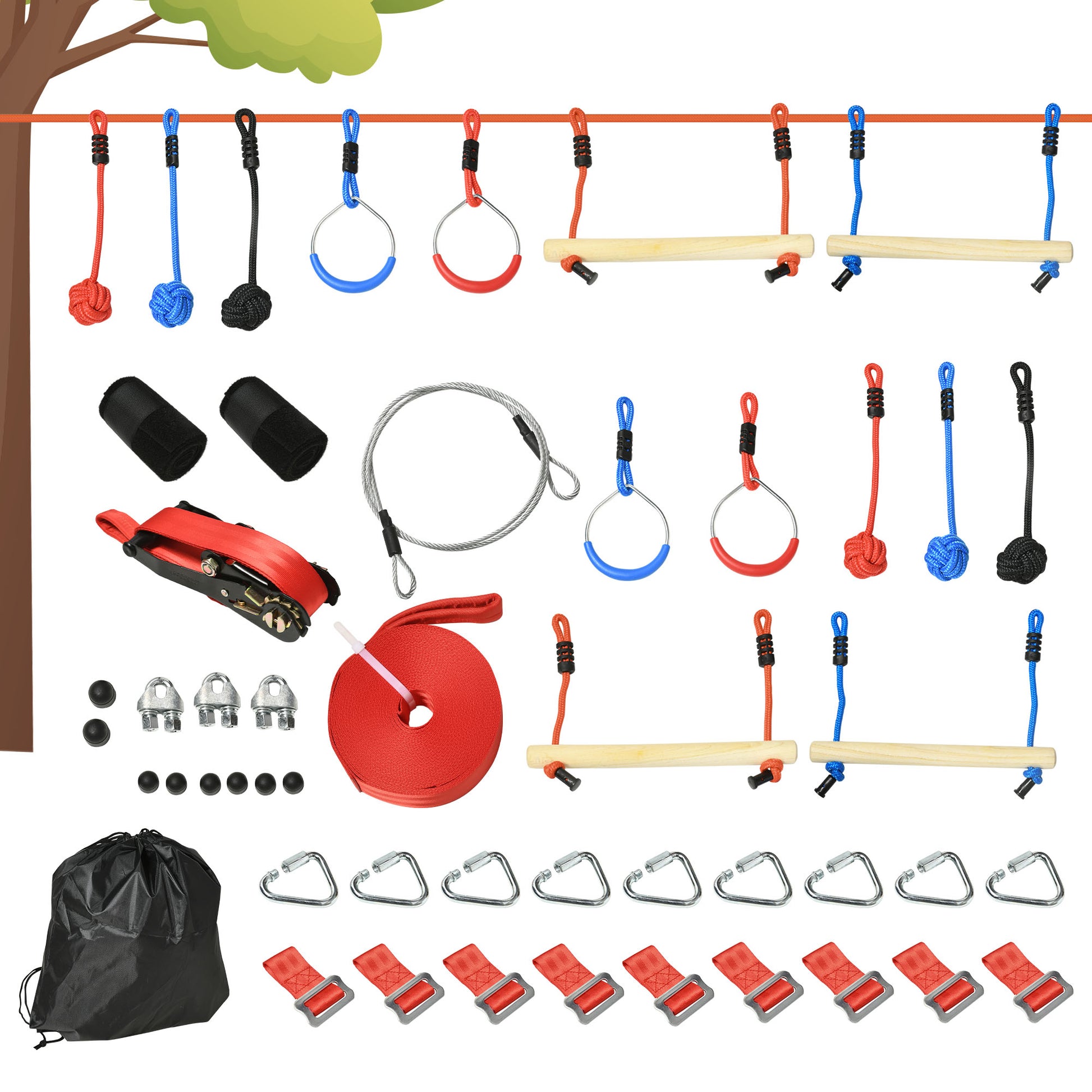 Ninja Slackline Set 30 pcs, 10m Rope with Obstacles, Climbing Frame, Outdoor Climbing Training, Playset Equipment for 3-6 Years Children, Gymnastic Rings, Ropes, Multicolor