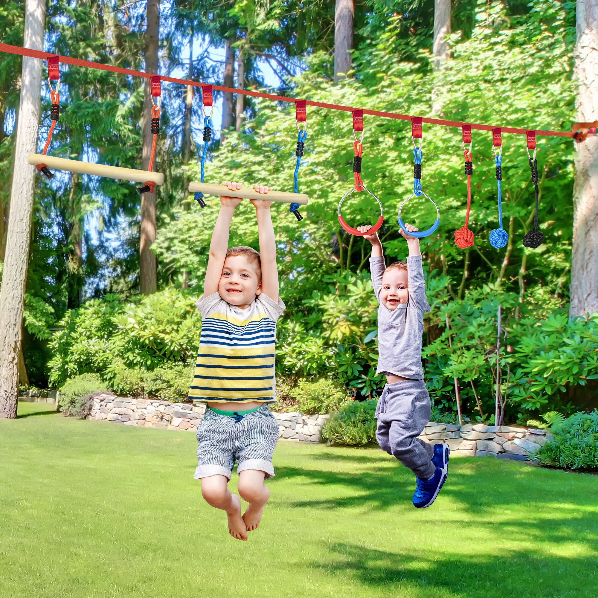 Ninja Slackline Set 30 pcs, 10m Rope with Obstacles, Climbing Frame, Outdoor Climbing Training, Playset Equipment for 3-6 Years Children, Gymnastic Rings, Ropes, Multicolor