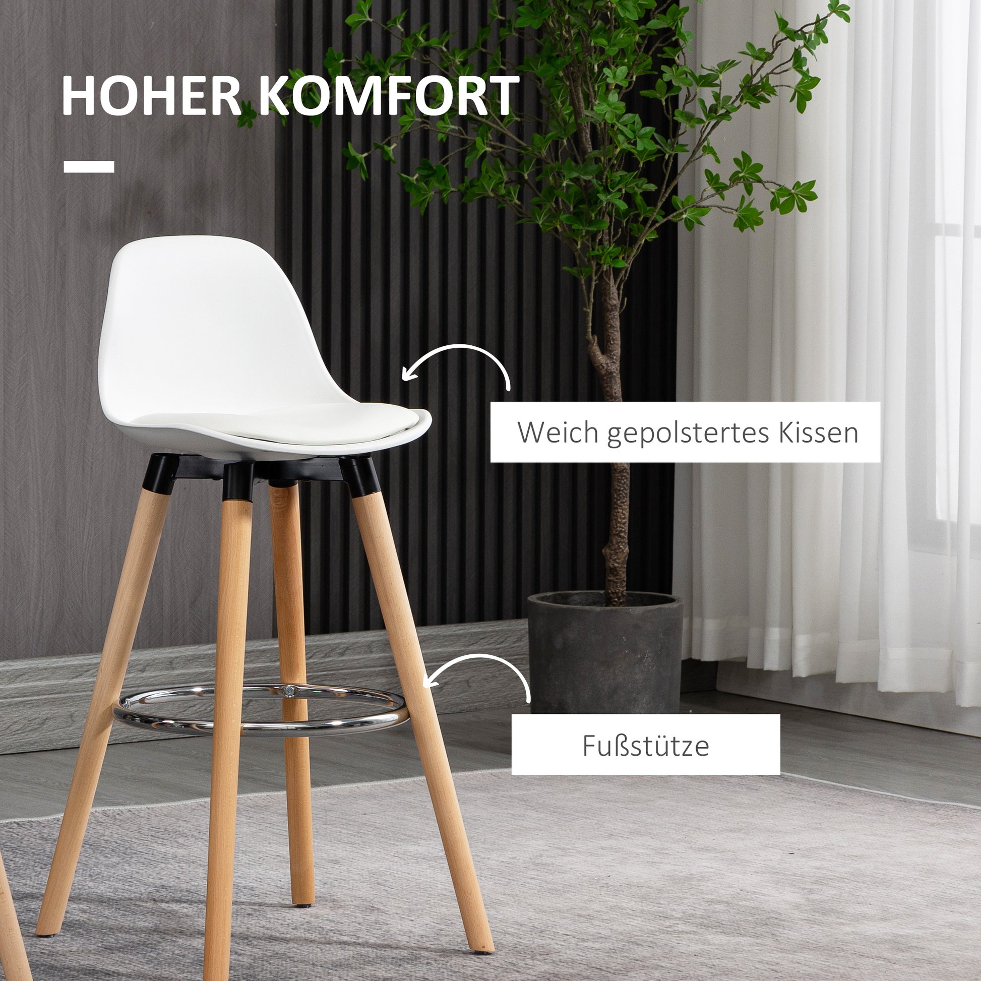 Bar Stool Set of 2, Upholstered Bar Chair with Wooden Legs and Backrest, Kitchen Chairs with Steel Footrest, Counter Height Stools for Kitchen, Living Room, Dining Room, Faux Leather, White