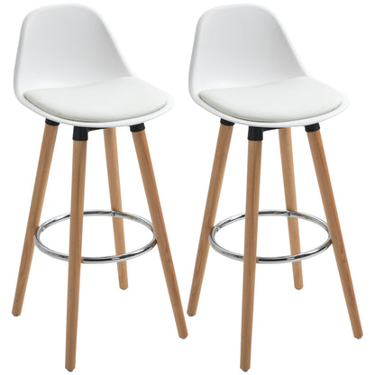 Bar Stool Set of 2, Upholstered Bar Chair with Wooden Legs and Backrest, Kitchen Chairs with Steel Footrest, Counter Height Stools for Kitchen, Living Room, Dining Room, Faux Leather, White