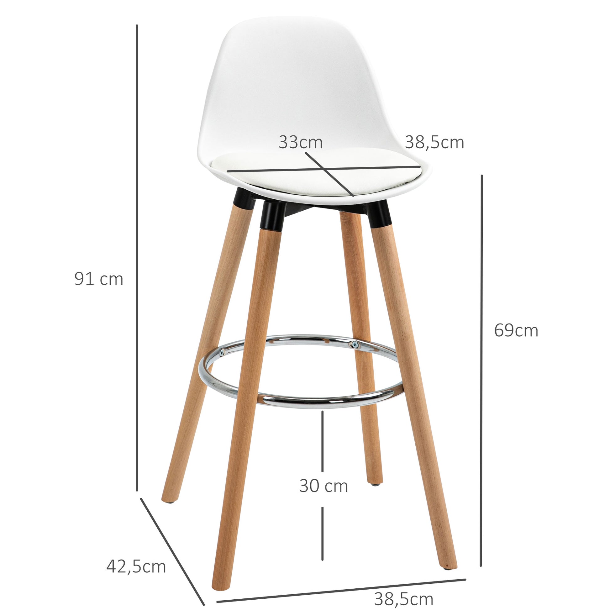 Bar Stool Set of 2, Upholstered Bar Chair with Wooden Legs and Backrest, Kitchen Chairs with Steel Footrest, Counter Height Stools for Kitchen, Living Room, Dining Room, Faux Leather, White