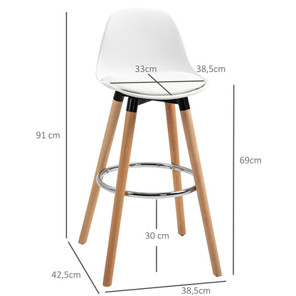 Bar Stool Set of 2, Upholstered Bar Chair with Wooden Legs and Backrest, Kitchen Chairs with Steel Footrest, Counter Height Stools for Kitchen, Living Room, Dining Room, Faux Leather, White