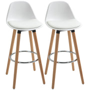Bar Stool Set of 2, Upholstered Bar Chair with Wooden Legs and Backrest, Kitchen Chairs with Steel Footrest, Counter Height Stools for Kitchen, Living Room, Dining Room, Faux Leather, White