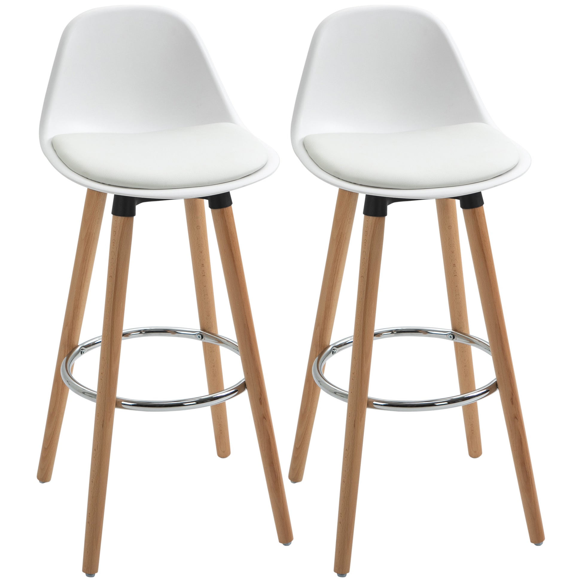 Bar Stool Set of 2, Upholstered Bar Chair with Wooden Legs and Backrest, Kitchen Chairs with Steel Footrest, Counter Height Stools for Kitchen, Living Room, Dining Room, Faux Leather, White