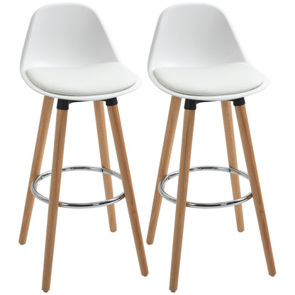 Bar Stool Set of 2, Upholstered Bar Chair with Wooden Legs and Backrest, Kitchen Chairs with Steel Footrest, Counter Height Stools for Kitchen, Living Room, Dining Room, Faux Leather, White