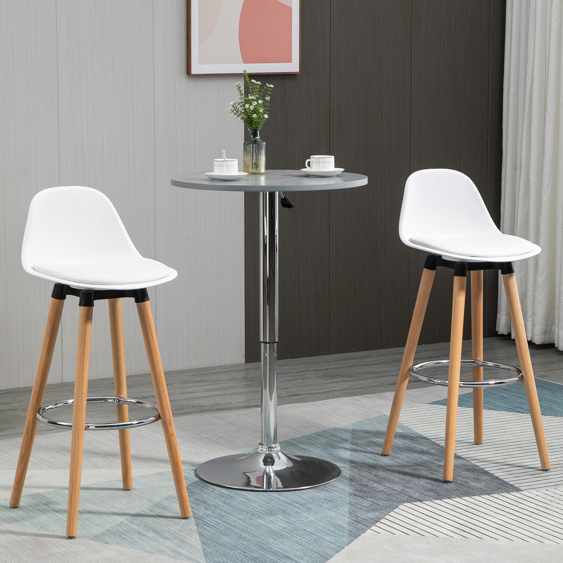 Bar Stool Set of 2, Upholstered Bar Chair with Wooden Legs and Backrest, Kitchen Chairs with Steel Footrest, Counter Height Stools for Kitchen, Living Room, Dining Room, Faux Leather, White