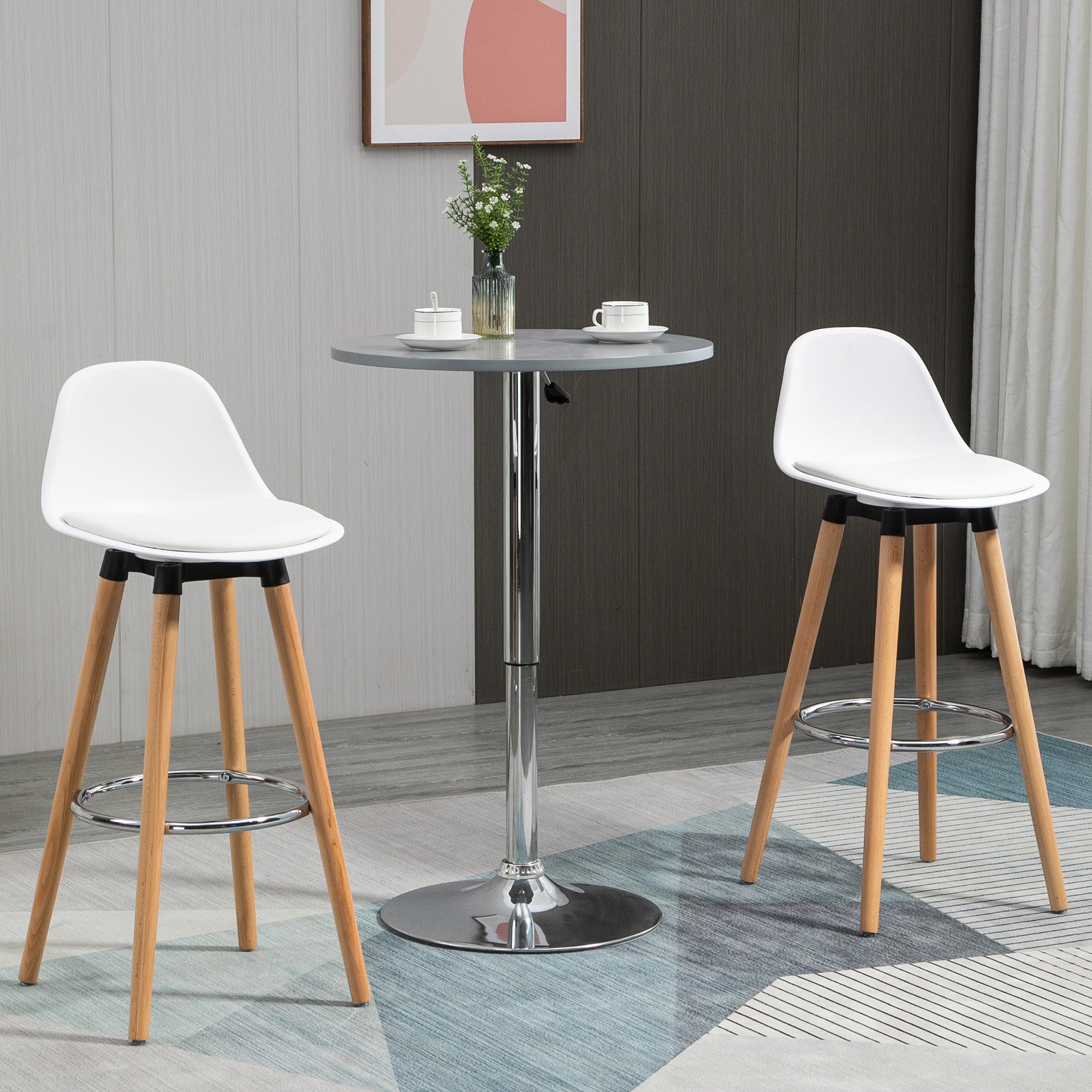 Bar Stool Set of 2, Upholstered Bar Chair with Wooden Legs and Backrest, Kitchen Chairs with Steel Footrest, Counter Height Stools for Kitchen, Living Room, Dining Room, Faux Leather, White