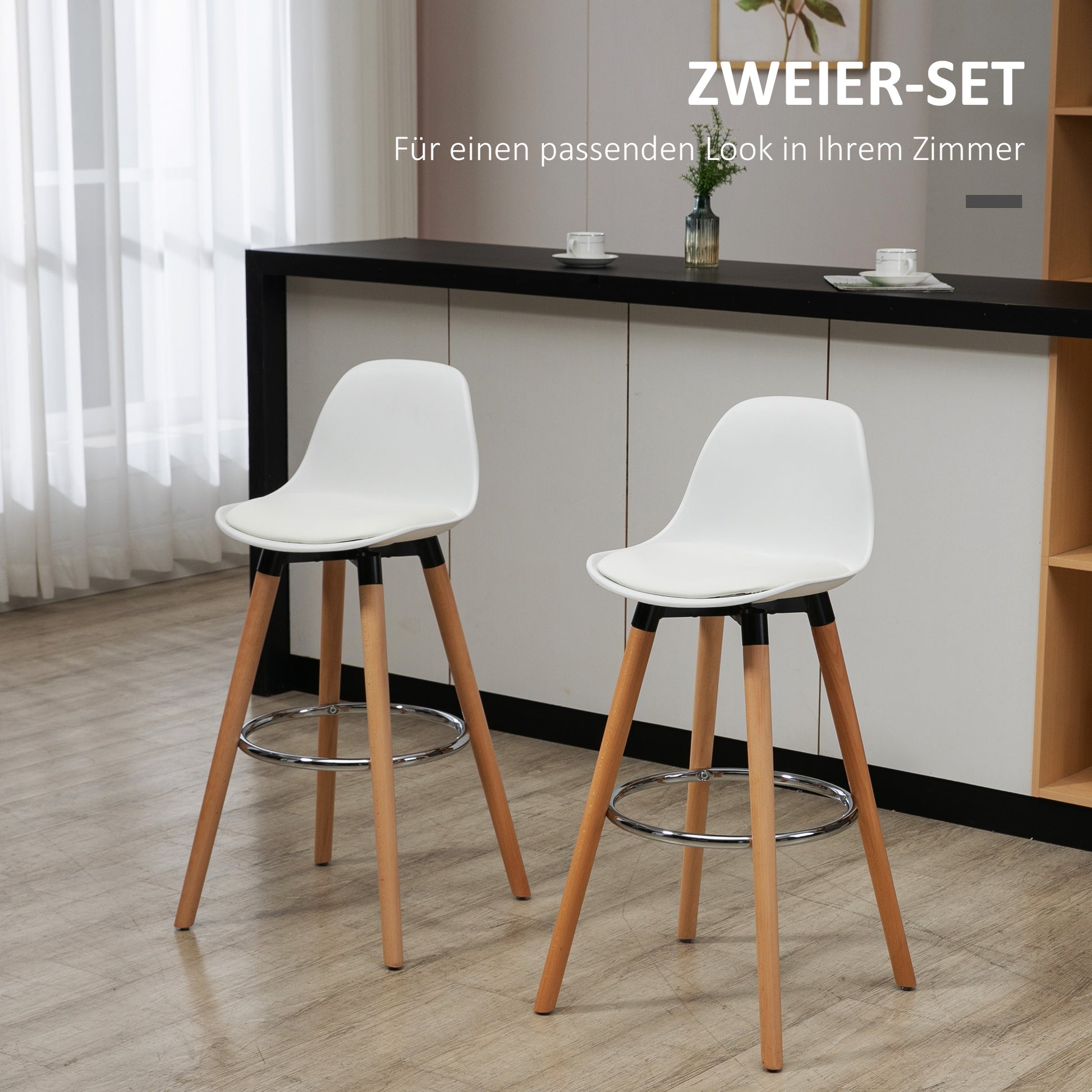 Bar Stool Set of 2, Upholstered Bar Chair with Wooden Legs and Backrest, Kitchen Chairs with Steel Footrest, Counter Height Stools for Kitchen, Living Room, Dining Room, Faux Leather, White