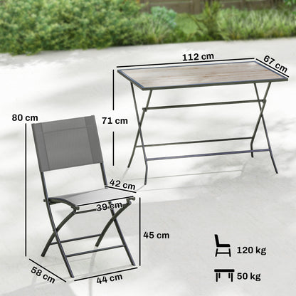5-Piece Folding Garden Dining Set – Gray Wood-Look Table with 4 Breathable Mesh Chairs, Space-Saving Weather-Resistant Patio Set