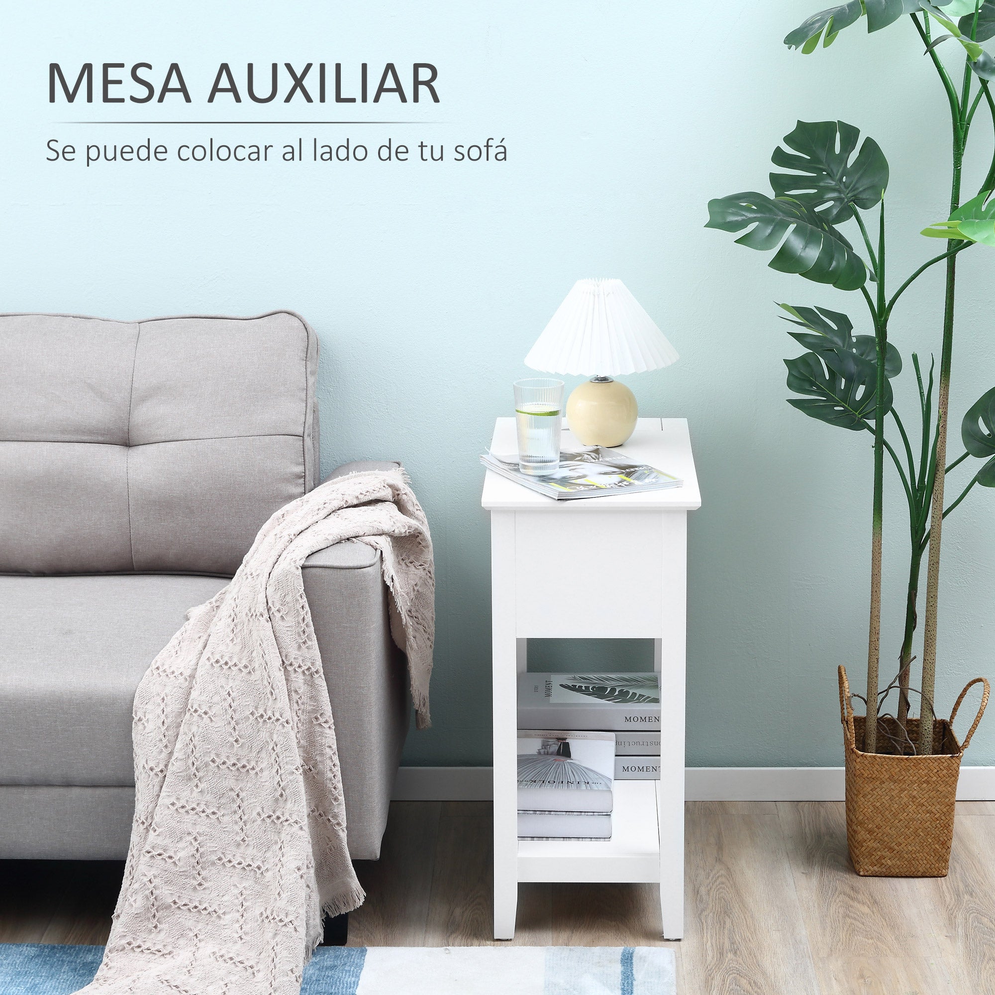 Bedside Table with Flip Top, Storage Shelf, and Hidden Cable Hole for Living Room Bedroom 60.5x32.5x70 cm White