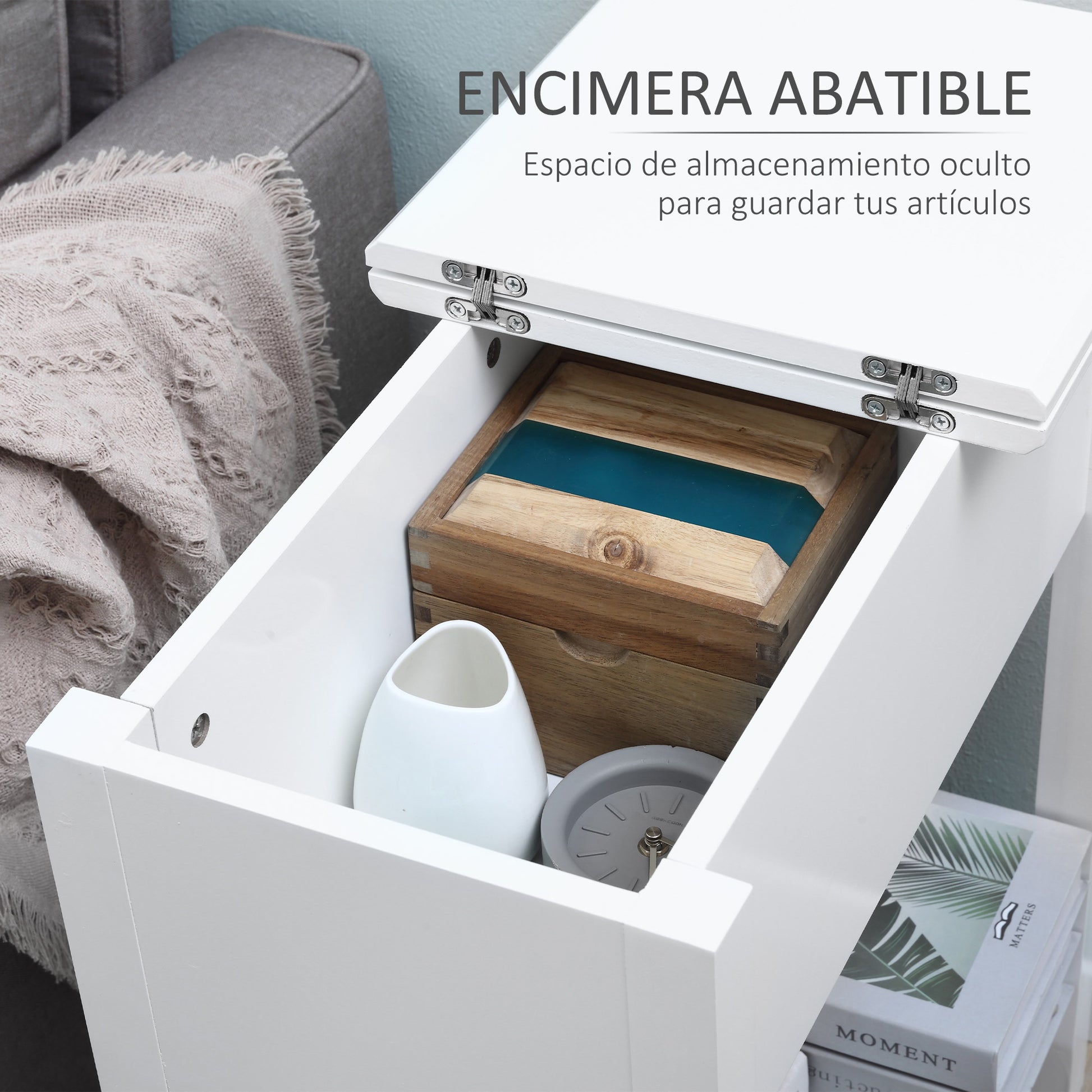 Bedside Table with Flip Top, Storage Shelf, and Hidden Cable Hole for Living Room Bedroom 60.5x32.5x70 cm White