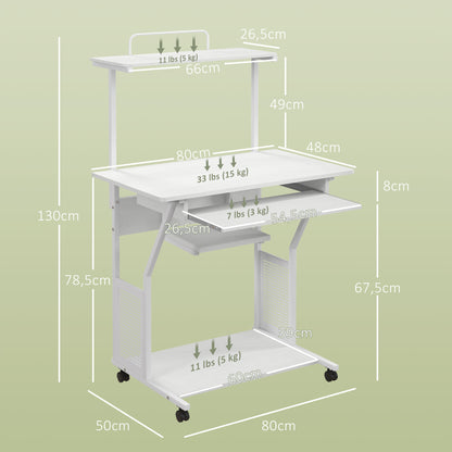 Computer Desk, Rolling Desk with Storage Shelves, Workstation and Keyboard Tray, Computer Table on Wheels, 80 x 50 x 130 cm, White