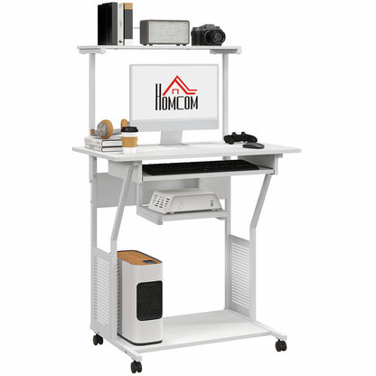 Computer Desk, Rolling Desk with Storage Shelves, Workstation and Keyboard Tray, Computer Table on Wheels, 80 x 50 x 130 cm, White