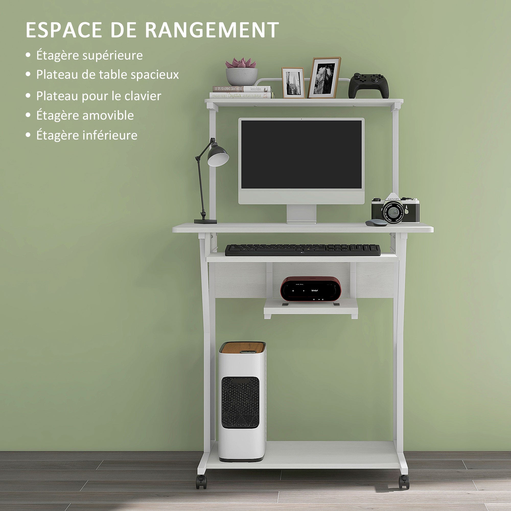 Computer Desk, Rolling Desk with Storage Shelves, Workstation and Keyboard Tray, Computer Table on Wheels, 80 x 50 x 130 cm, White
