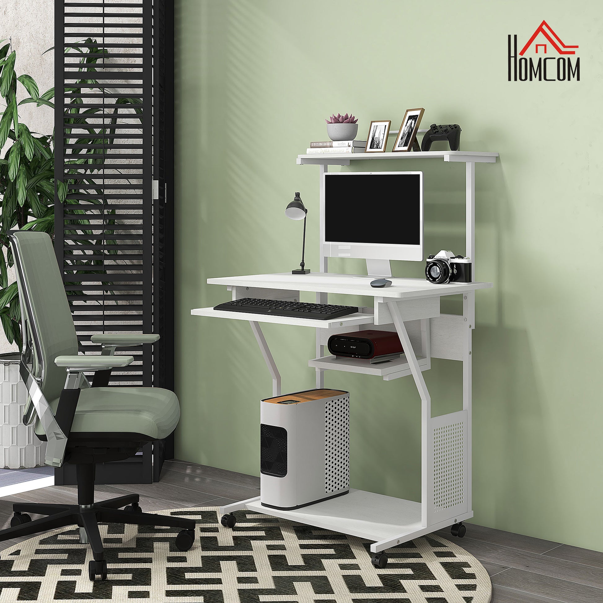 Computer Desk, Rolling Desk with Storage Shelves, Workstation and Keyboard Tray, Computer Table on Wheels, 80 x 50 x 130 cm, White