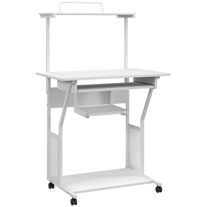 Computer Desk, Rolling Desk with Storage Shelves, Workstation and Keyboard Tray, Computer Table on Wheels, 80 x 50 x 130 cm, White