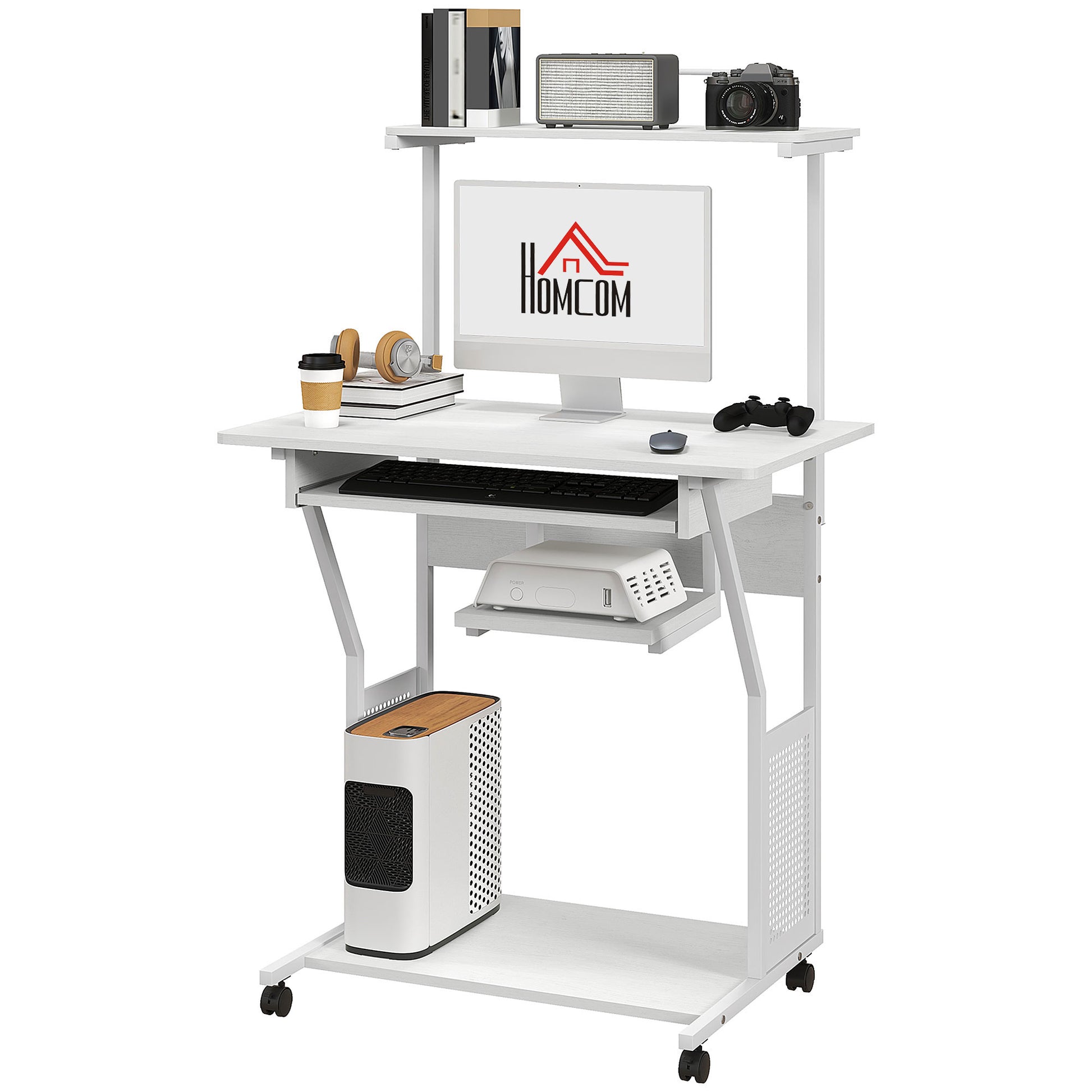 Computer Desk, Rolling Desk with Storage Shelves, Workstation and Keyboard Tray, Computer Table on Wheels, 80 x 50 x 130 cm, White