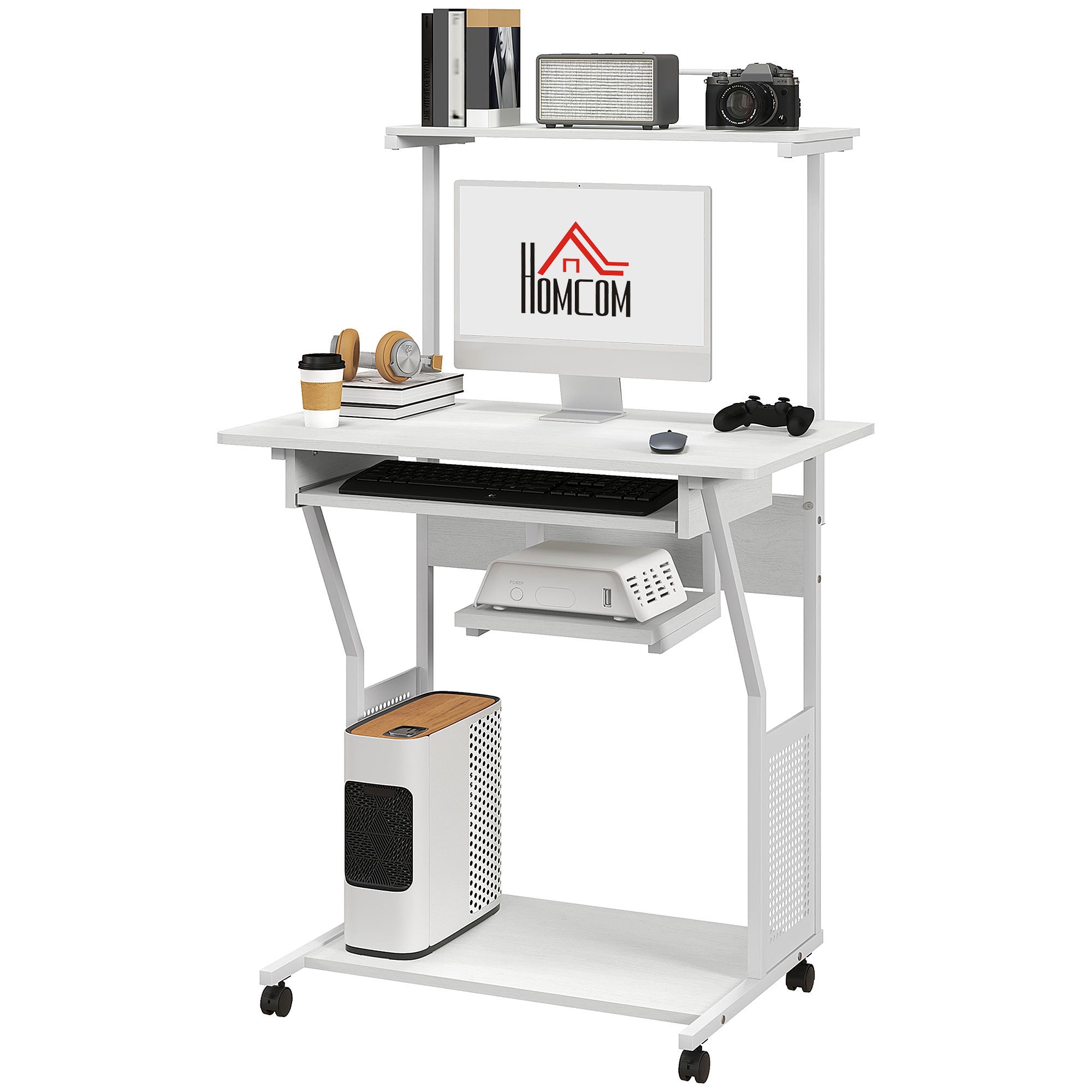 Computer Desk, Rolling Desk with Storage Shelves, Workstation and Keyboard Tray, Computer Table on Wheels, 80 x 50 x 130 cm, White