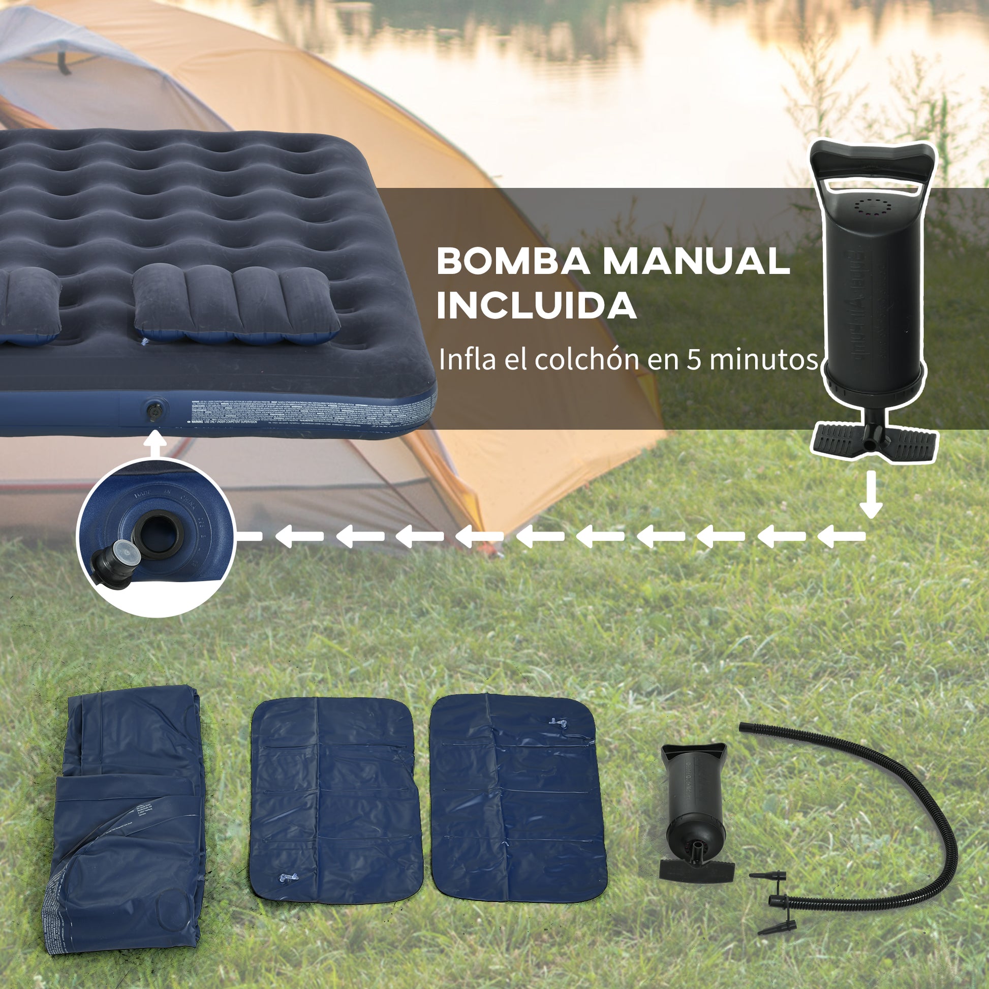 Double Inflatable Mattress 191x137x22 cm with Manual Pump Foldable Airbed with 2 Integrated Pillows Flocked Surface for Guests Home Travel Camping