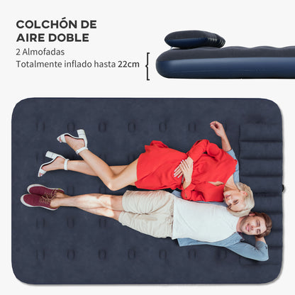 Double Inflatable Mattress 191x137x22 cm with Manual Pump Foldable Airbed with 2 Integrated Pillows Flocked Surface for Guests Home Travel Camping