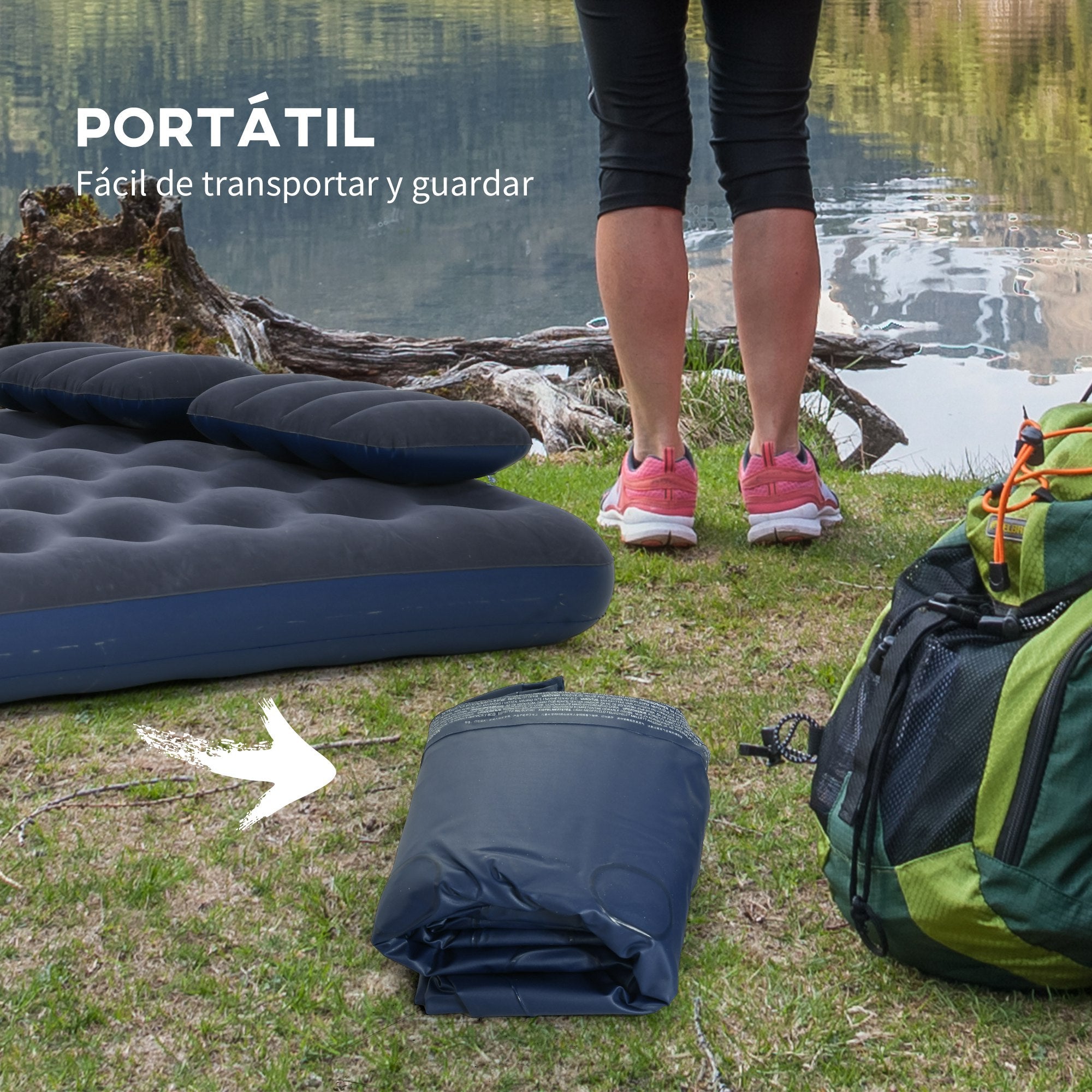 Double Inflatable Mattress 191x137x22 cm with Manual Pump Foldable Airbed with 2 Integrated Pillows Flocked Surface for Guests Home Travel Camping
