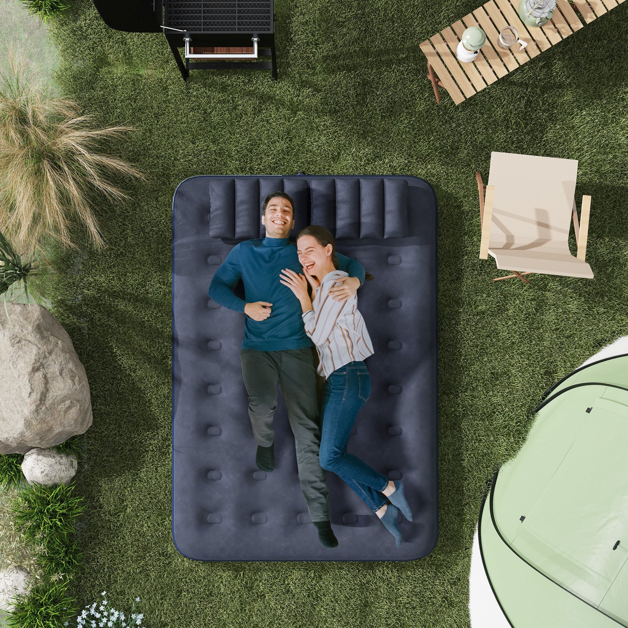 Double Inflatable Mattress 191x137x22 cm with Manual Pump Foldable Airbed with 2 Integrated Pillows Flocked Surface for Guests Home Travel Camping