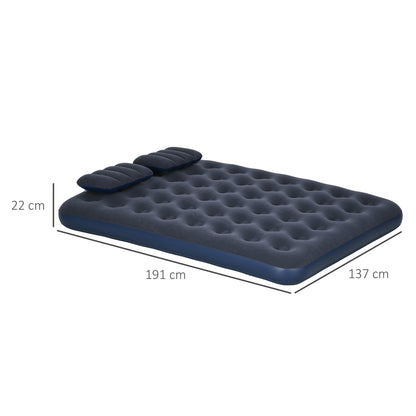 Double Inflatable Mattress 191x137x22 cm with Manual Pump Foldable Airbed with 2 Integrated Pillows Flocked Surface for Guests Home Travel Camping
