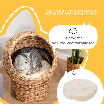 Rattan Cat Bed Cat Cave Cat Cottage Cat Bed with Cushion Pet Bed Water Hyacinth Brown 50 x 42 x 60 cm