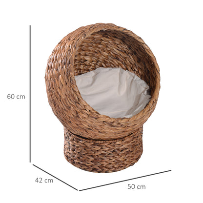 Rattan Cat Bed Cat Cave Cat Cottage Cat Bed with Cushion Pet Bed Water Hyacinth Brown 50 x 42 x 60 cm