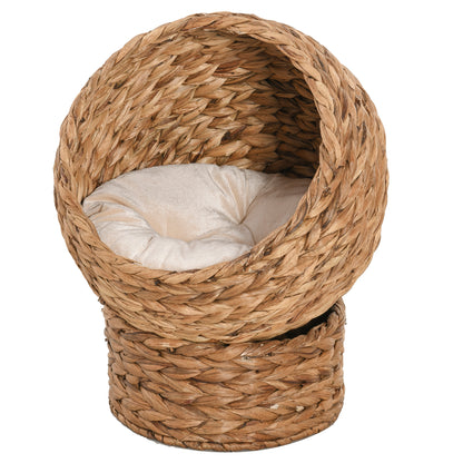 Rattan Cat Bed Cat Cave Cat Cottage Cat Bed with Cushion Pet Bed Water Hyacinth Brown 50 x 42 x 60 cm