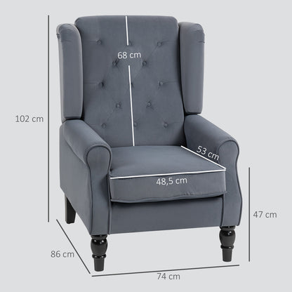 Wingback Armchair with Armrests, Tufted Lounge Chair with Cushion, High Back Velvet-Look Accent Chair with Wooden Legs, Gray