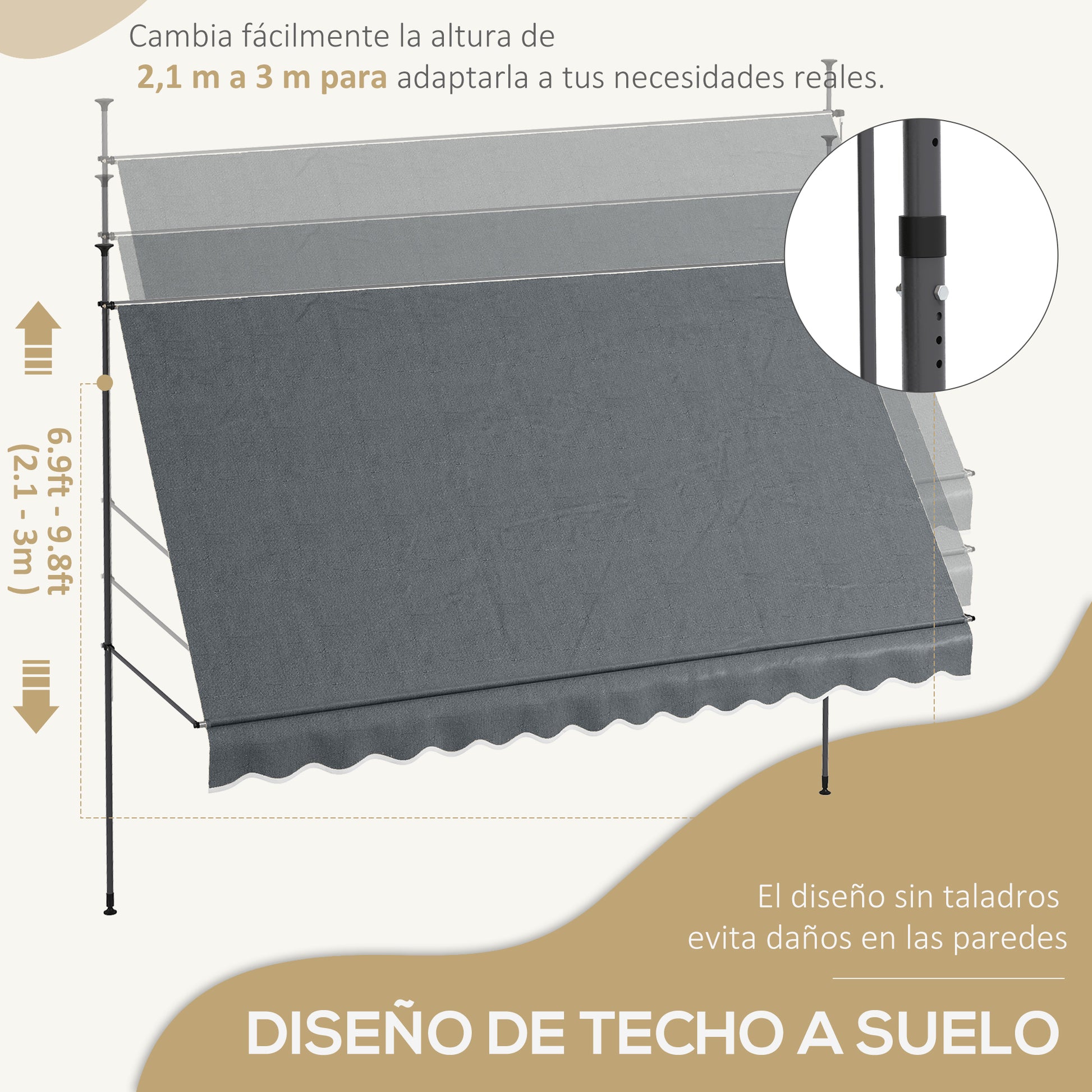 Manual Retractable Awning 3.5x1.2 m Outdoor Sun Shade Adjustable Height with Crank 210-300 cm Drill-Free UV30+ Protection for Balcony Garden Dark Gray