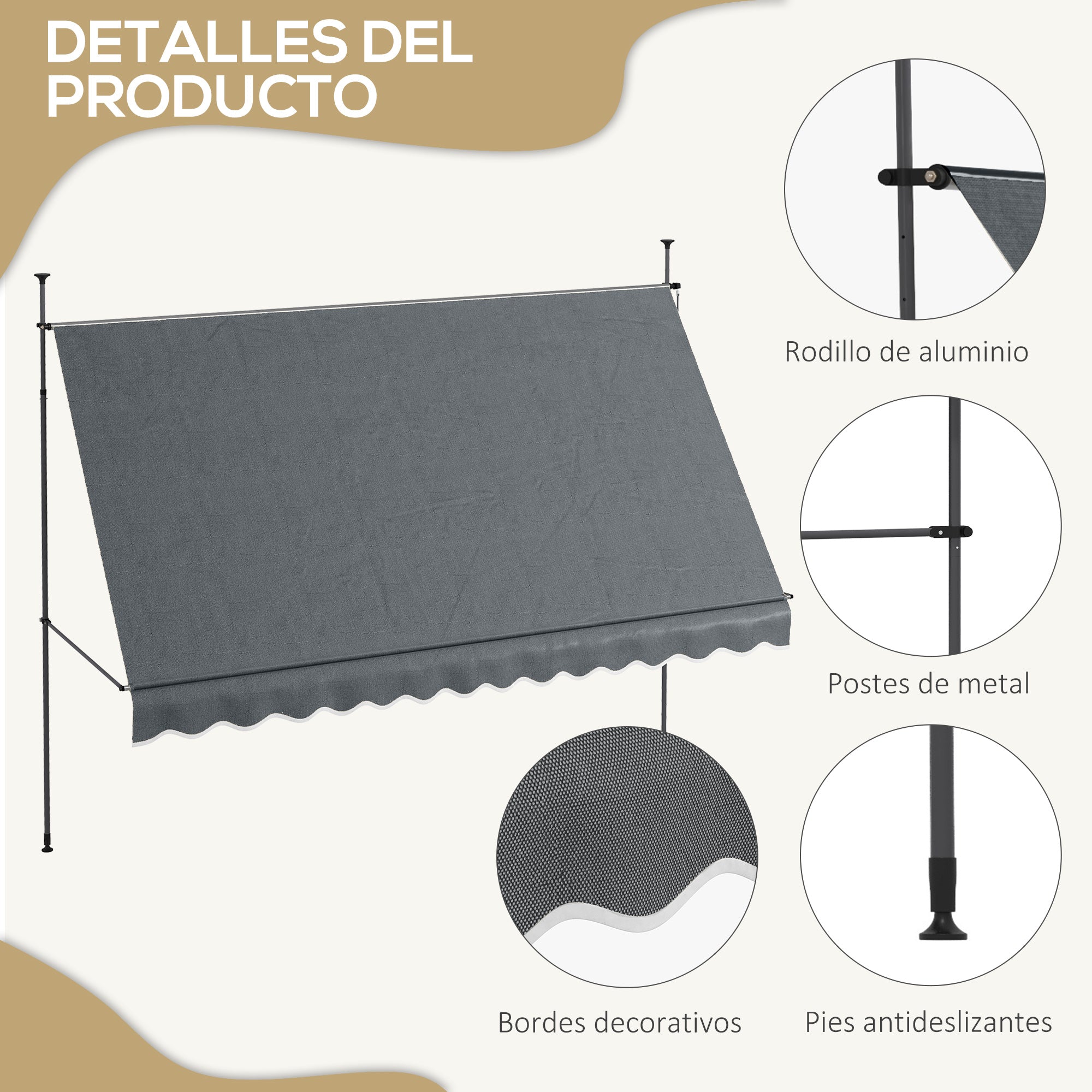 Manual Retractable Awning 3.5x1.2 m Outdoor Sun Shade Adjustable Height with Crank 210-300 cm Drill-Free UV30+ Protection for Balcony Garden Dark Gray