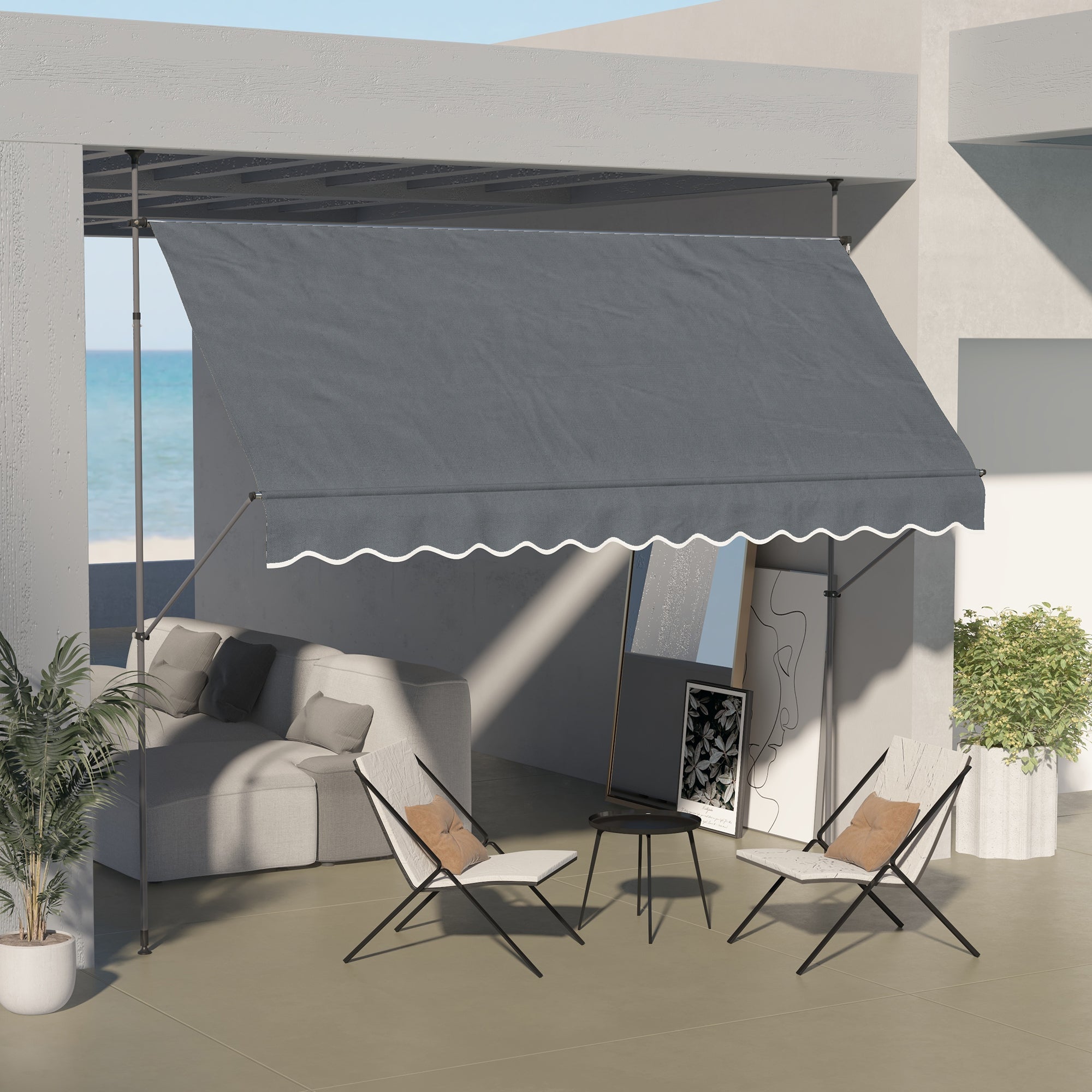 Manual Retractable Awning 3.5x1.2 m Outdoor Sun Shade Adjustable Height with Crank 210-300 cm Drill-Free UV30+ Protection for Balcony Garden Dark Gray