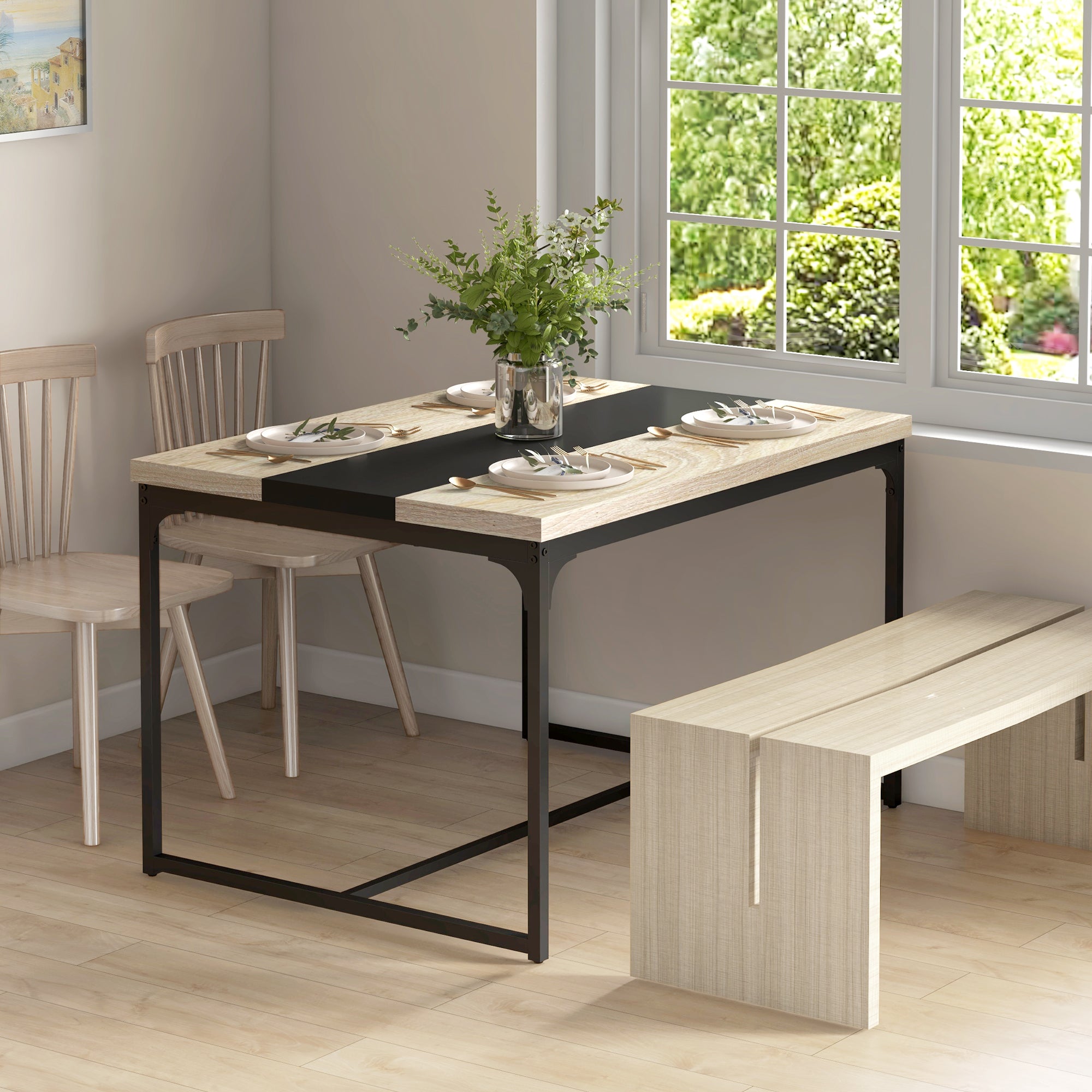 Dining Table Kitchen Table for 6 People, Industrial Style in Black Metal and Wood, Dim. 120L x 89W x 75.5H cm