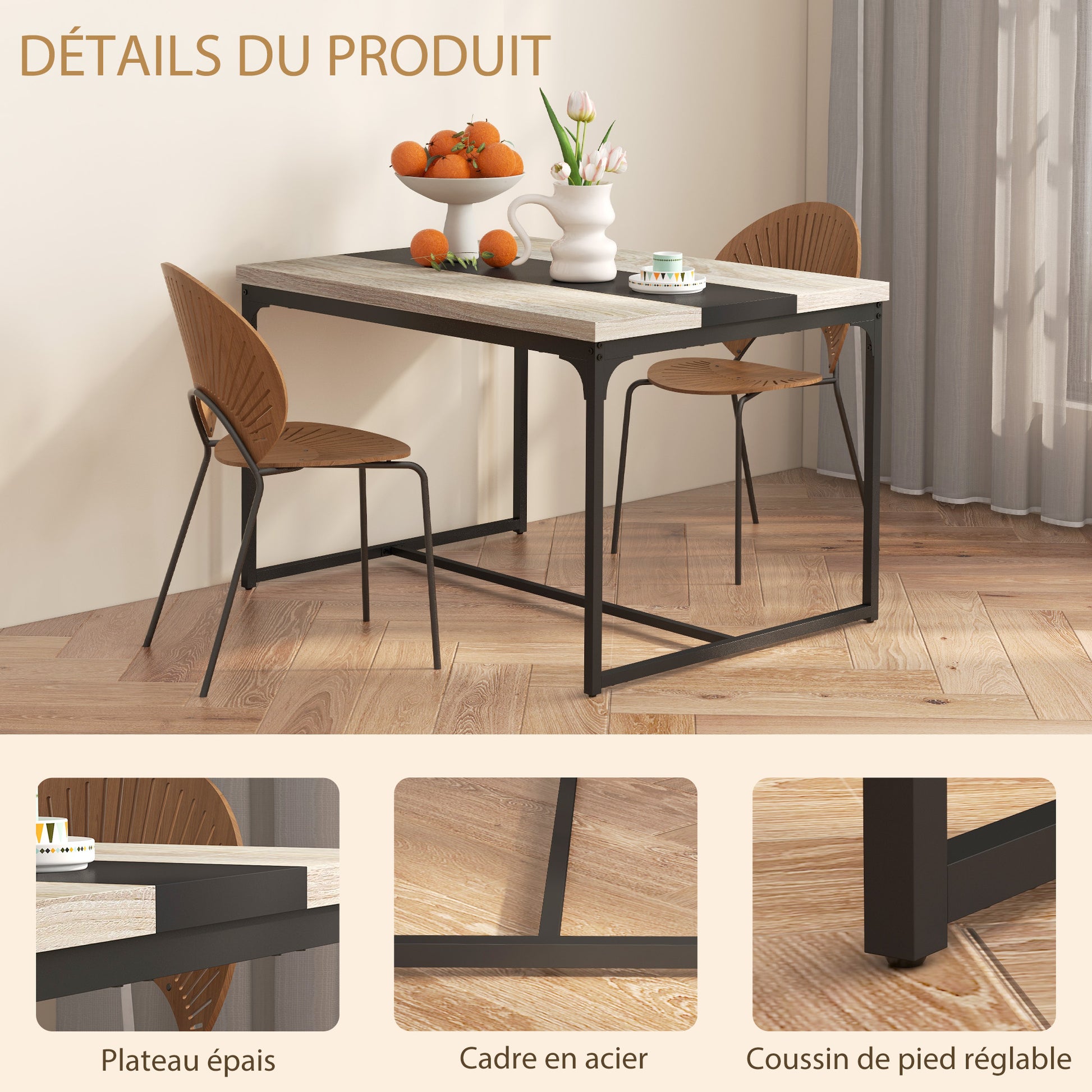 Dining Table Kitchen Table for 6 People, Industrial Style in Black Metal and Wood, Dim. 120L x 89W x 75.5H cm