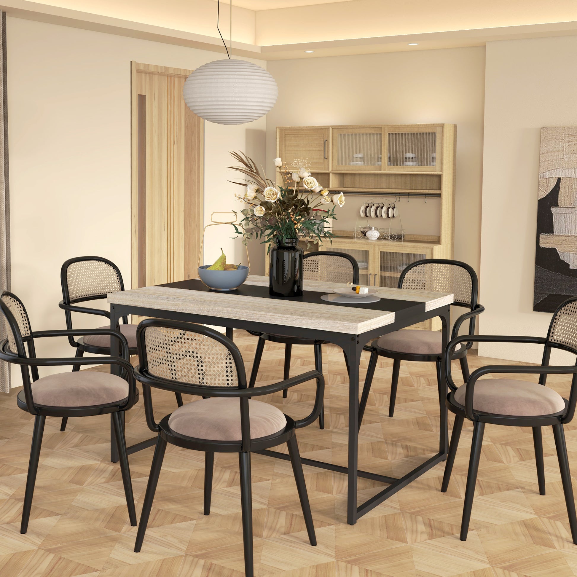 Dining Table Kitchen Table for 6 People, Industrial Style in Black Metal and Wood, Dim. 120L x 89W x 75.5H cm