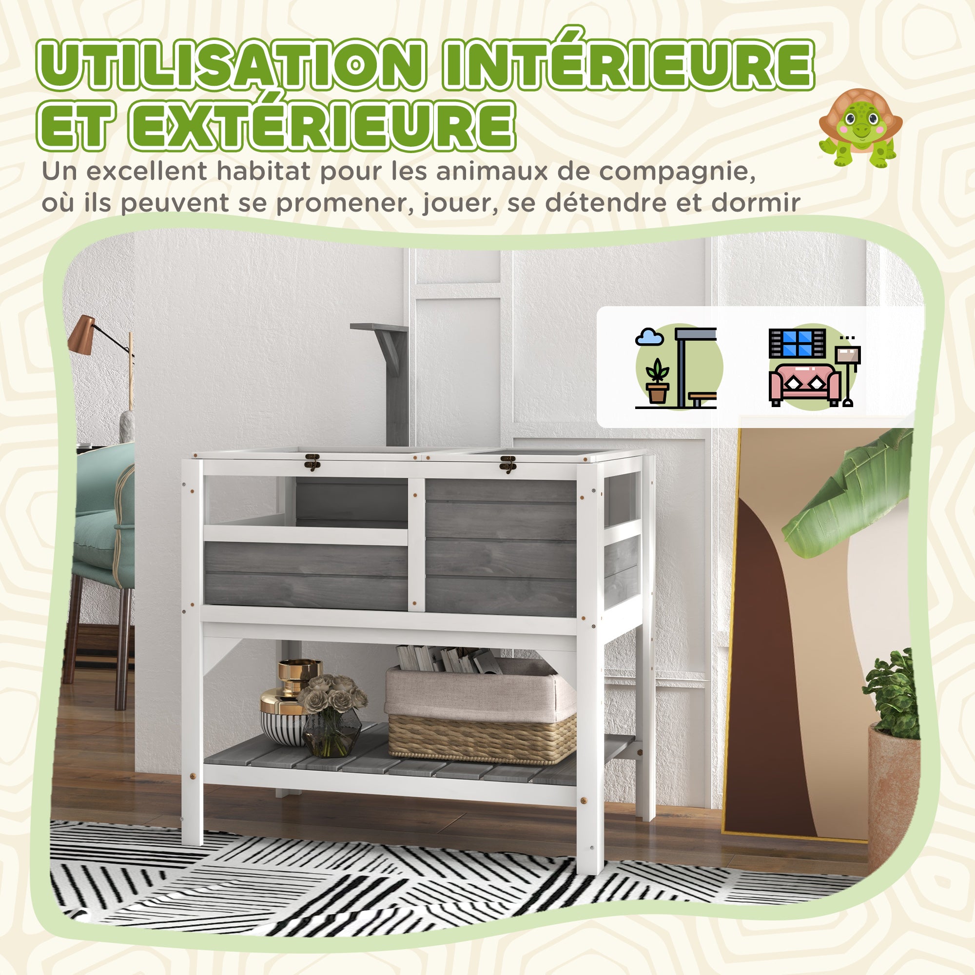 Turtle House Enclosure on Stilts with Storage Shelf - Made of Fir Wood - Indoor and Outdoor - Dim. 103H x 84L x 51W cm light gray