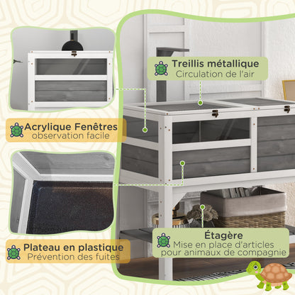 Turtle House Enclosure on Stilts with Storage Shelf - Made of Fir Wood - Indoor and Outdoor - Dim. 103H x 84L x 51W cm light gray