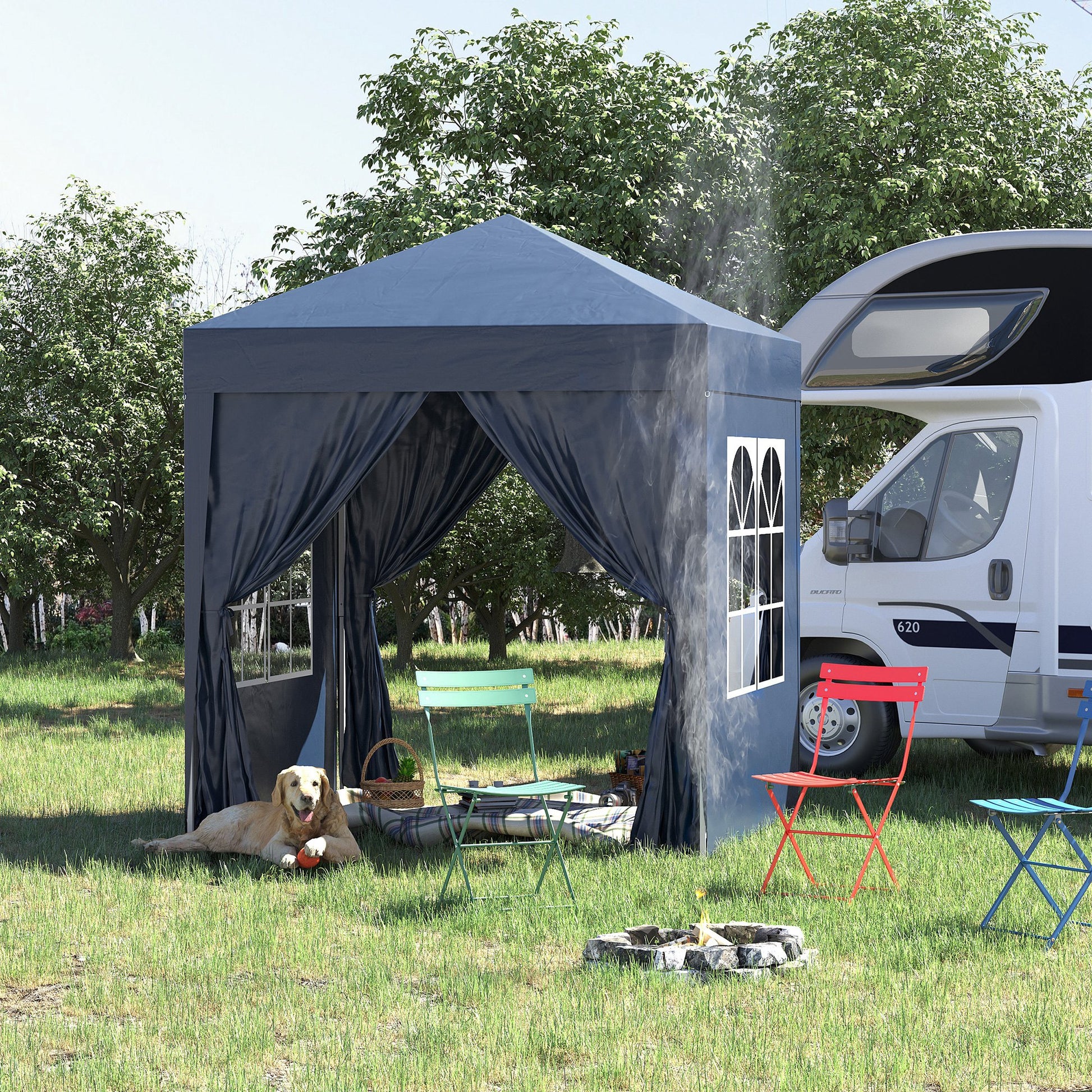 Pavilion 2x2m Waterproof, Pop-Up Folding Pavilion with 4 Side Walls, Drainage Holes Window, Foldable Party Tent UV 30+, Garden Tent with Carrying Bag, Garden Pavilion for Terrace, Blue