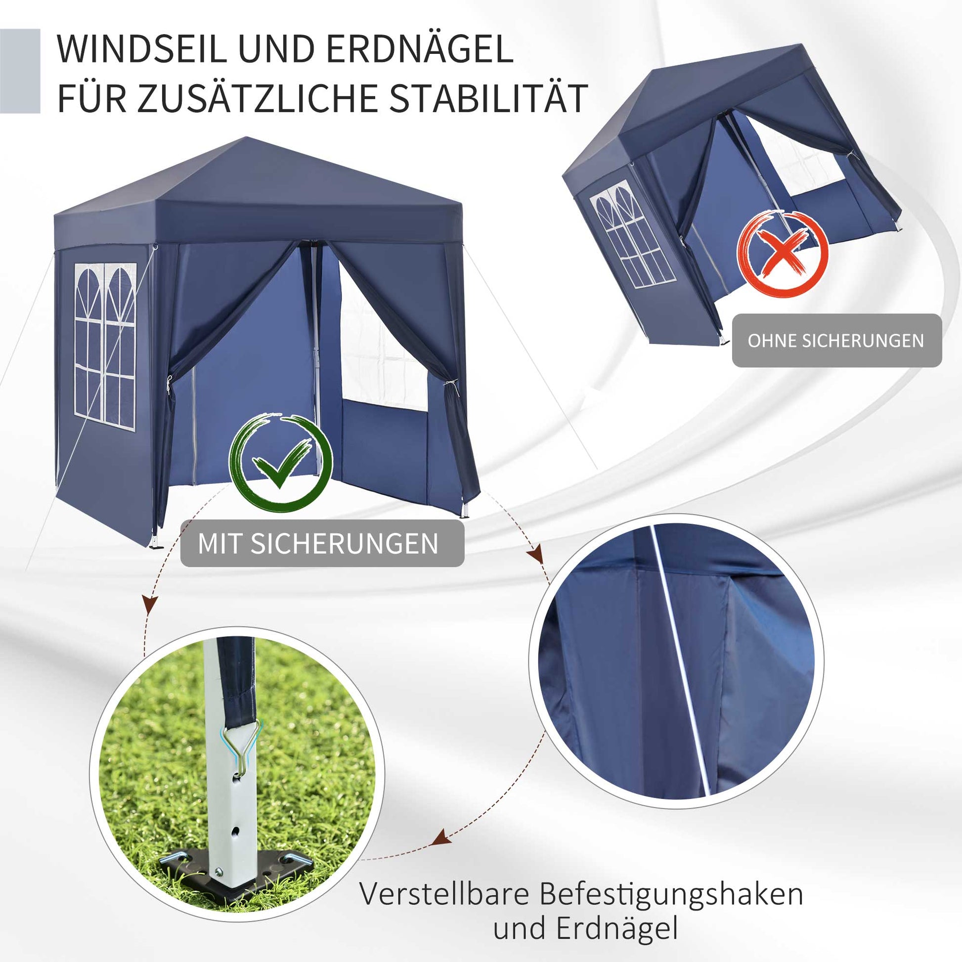 Pavilion 2x2m Waterproof, Pop-Up Folding Pavilion with 4 Side Walls, Drainage Holes Window, Foldable Party Tent UV 30+, Garden Tent with Carrying Bag, Garden Pavilion for Terrace, Blue